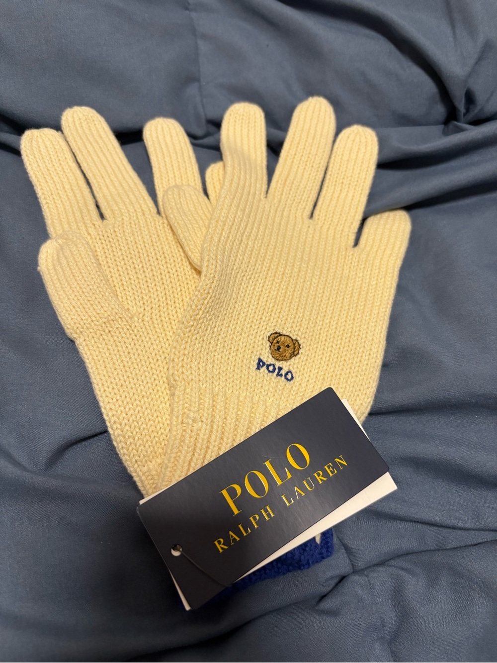 Polo by Ralph Lauren Cream Knit Gloves with Bear Motif